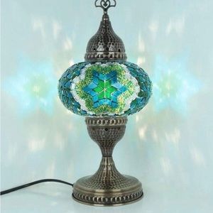 Turkish Morrocan Tiffany Blue Mosaic Style Table Lamp with Hammered Bronze